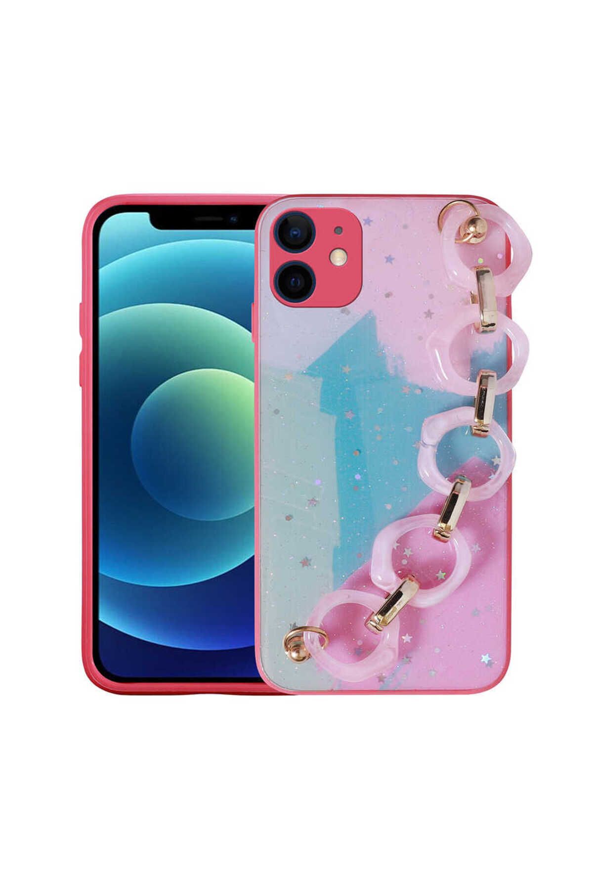 iPhone 11 Uyumlu Simli Desenli El Askılı Tutacaklı Zore Elsa Silikon Kılıf-Pembe Koyu