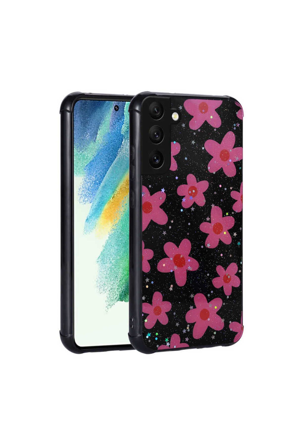 Galaxy S21 FE Uyumlu Simli Desenli Kamera Korumalı Parlak Zore Popy Kılıf-Çiçek