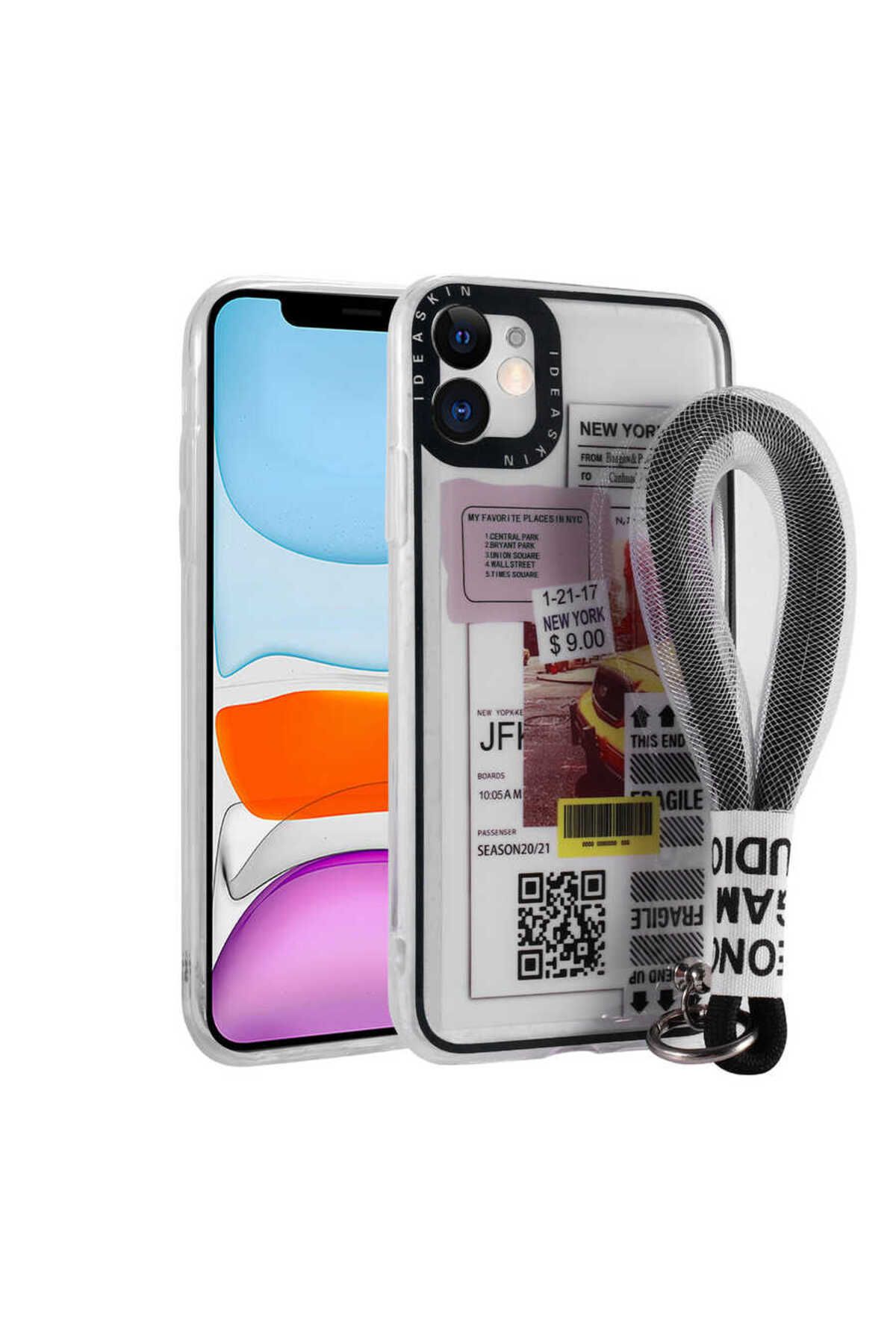 iPhone 11 Uyumlu Desenli El Askılı İpli Zore Astana Silikon Kılıf-Sarı Taksi