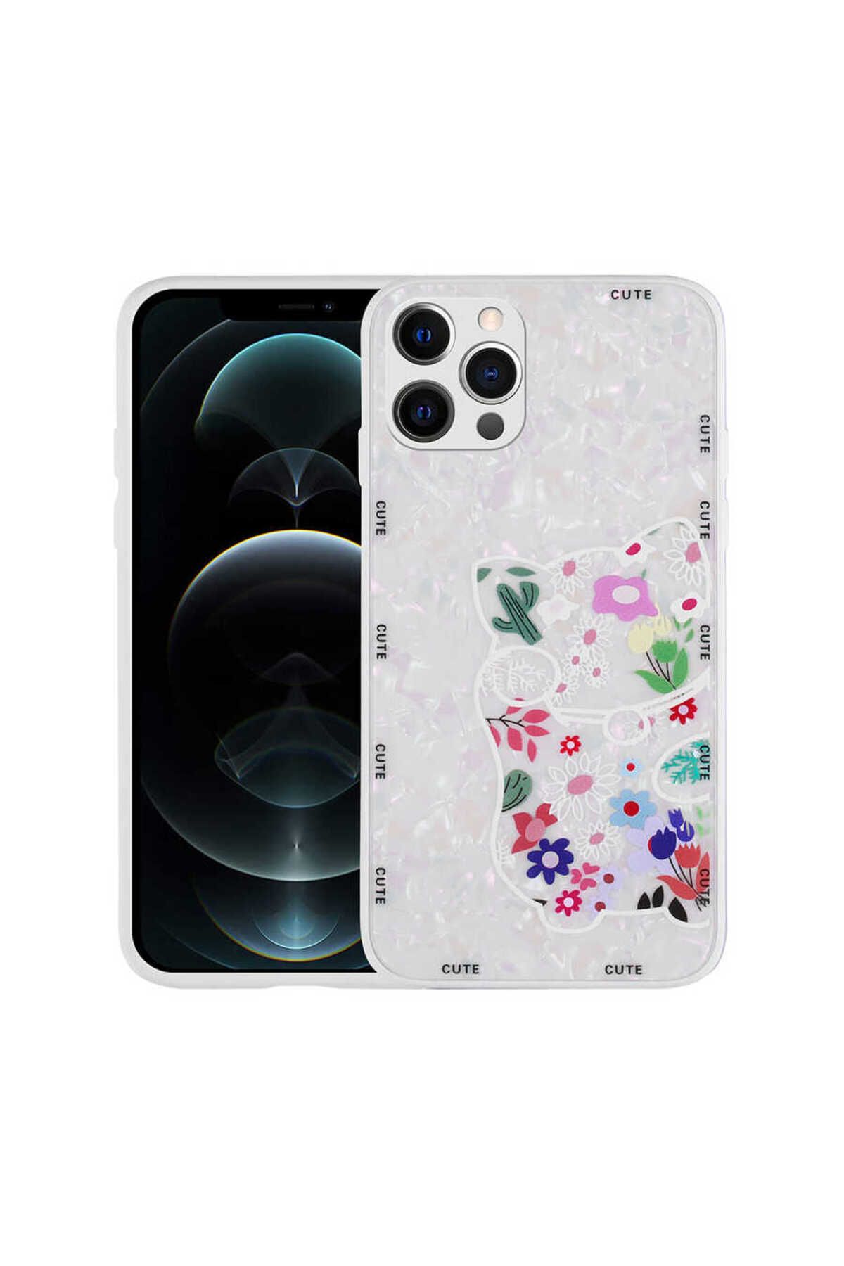 iPhone 12 Pro Max Uyumlu Desenli Sert Silikon Zore Mumila Kılıf-White Cat