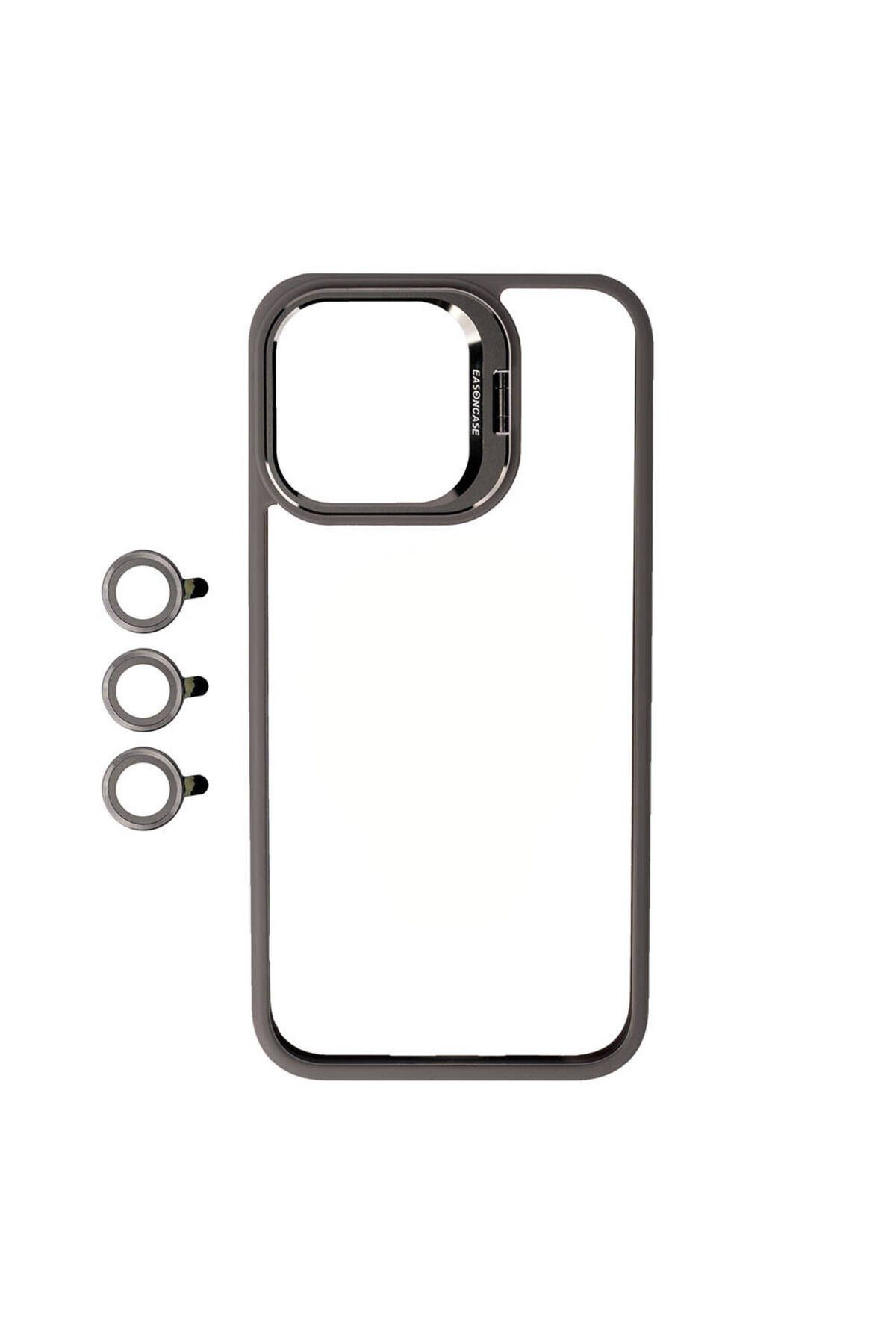 iPhone 15 Pro Max Uyumlu Kamera LZore Korumalı Standlı Zore Klon LCSMX-li Kılıf-Gri