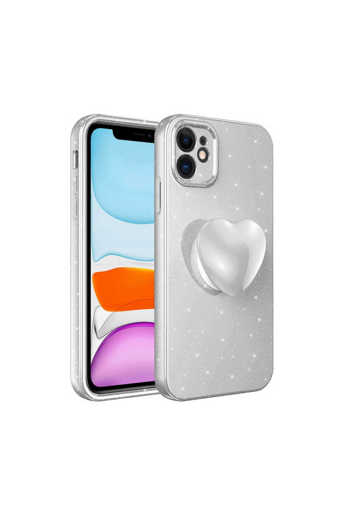iPhone 11 Uyumlu Kamera Korumalı Simli Pop Soketli Lüks Zore Koton Soketli Kılıf-Beyaz