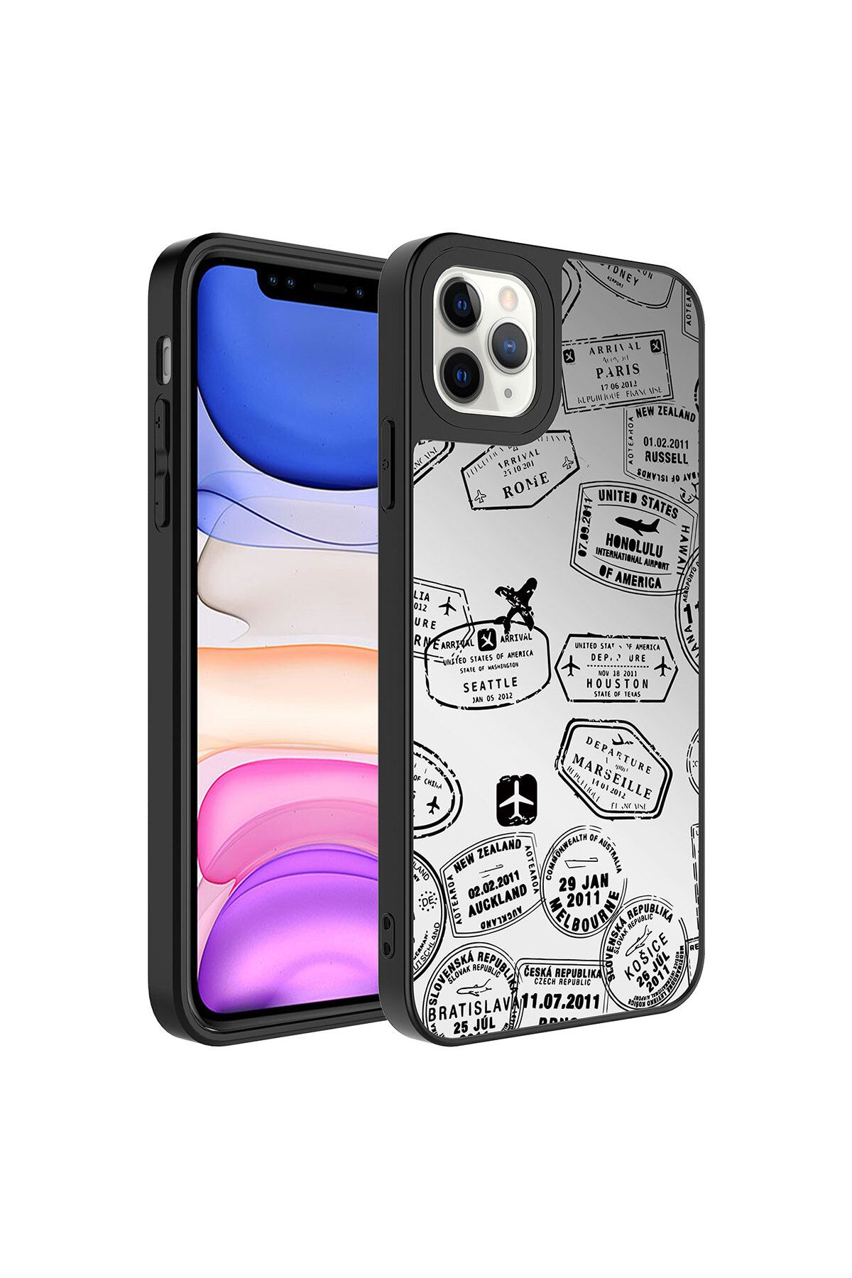 iPhone 11 Pro Max Uyumlu Aynalı Desenli Kamera Korumalı Parlak Zore Mirror Kılıf-Seyahat