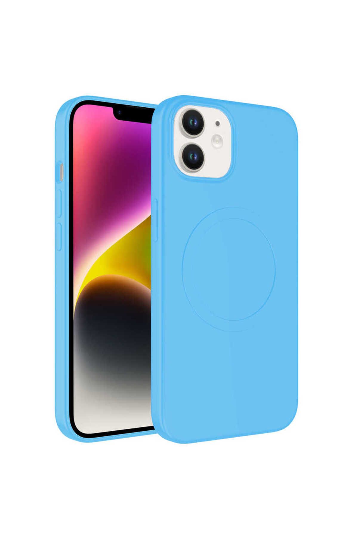 iPhone 11 Uyumlu Magsafe Wireless Şarj Özellikli Pastel Renk Silikon Zore Plas Kılıf-Mavi Açık