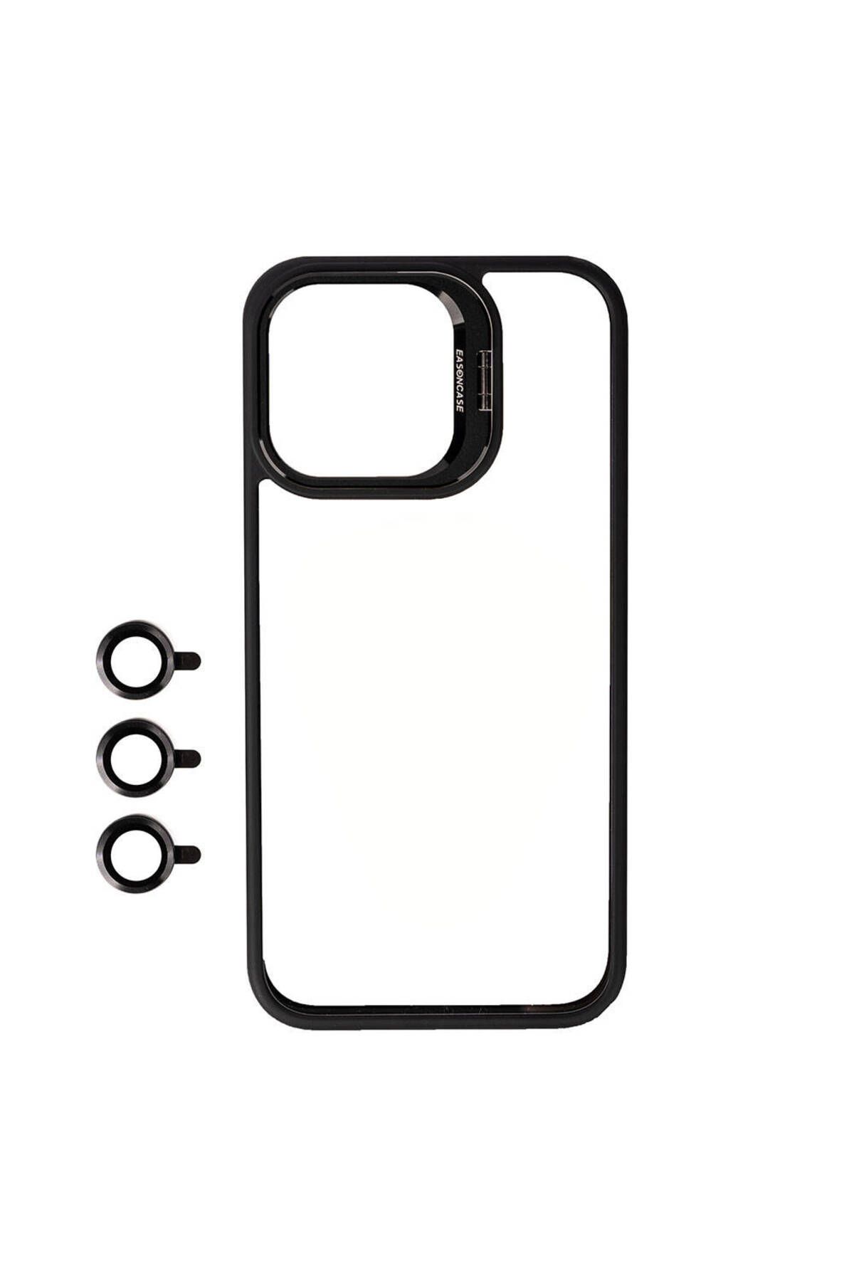 iPhone 15 Pro Uyumlu Kamera LZore Korumalı Standlı Zore Klon LCSMX-li Kılıf-Siyah