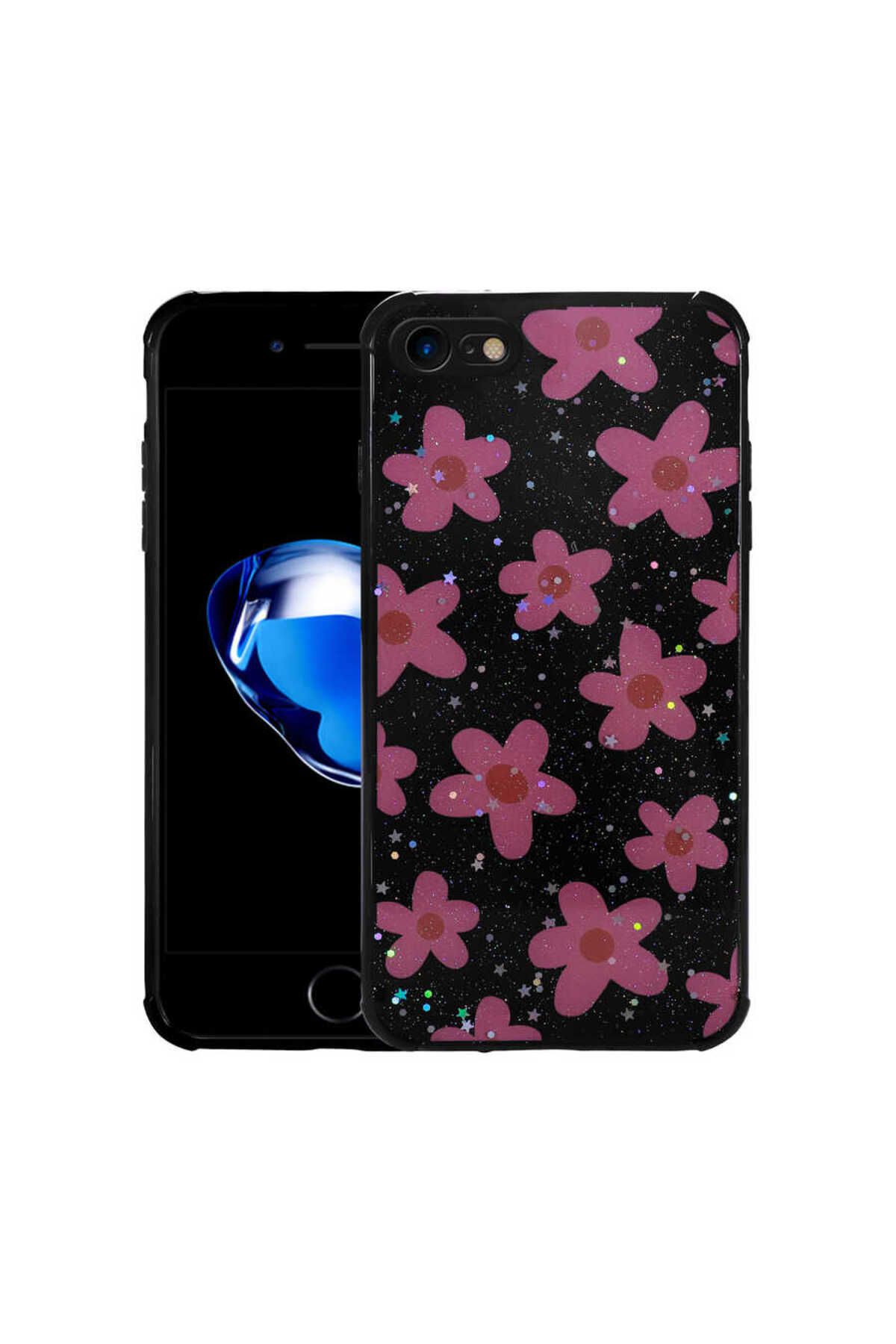 iPhone SE 2022 Uyumlu Simli Desenli Kamera Korumalı Parlak Zore Popy Kılıf-Çiçek