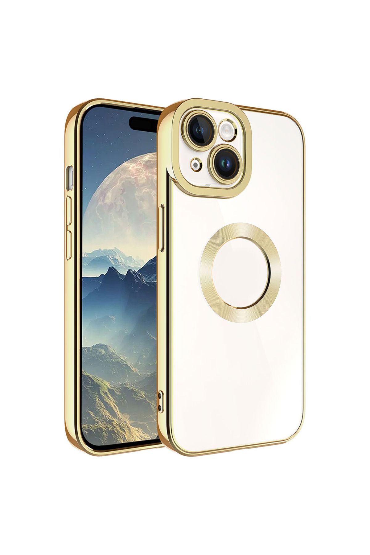 iPhone 15 Uyumlu Kamera Korumalı Logo Gösteren Zore Omega Kılıf-Gold