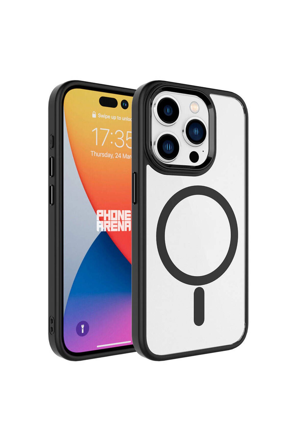 iPhone 15 Pro Uyumlu Wireless Şarj Özellikli Zore Krom Magsafe Silikon Kılıf-Siyah