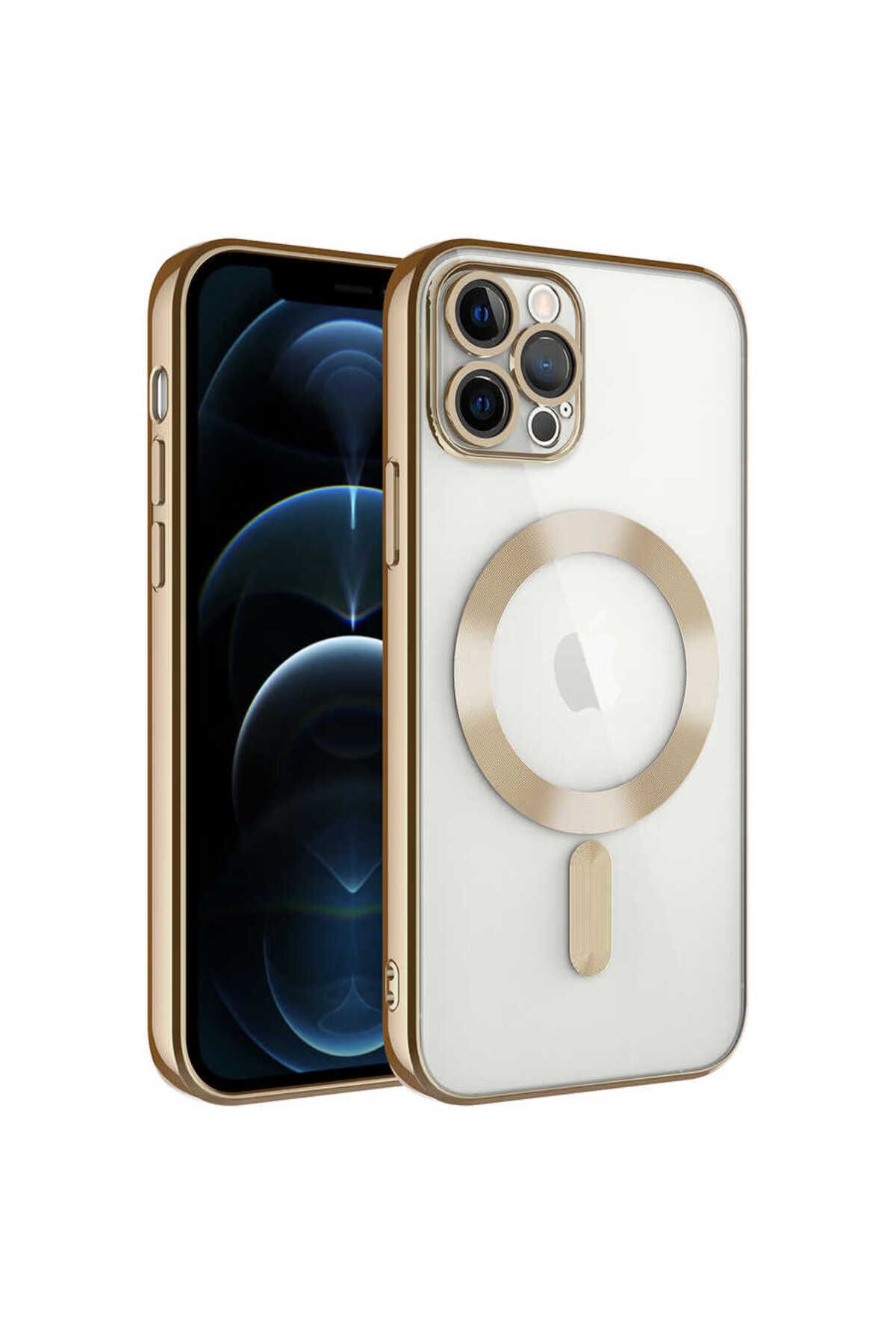 iPhone 11 Pro Max Uyumlu Kamera Korumalı Magsafe Wireless Şarj Özellikli Zore Demre Kılıf-Gold