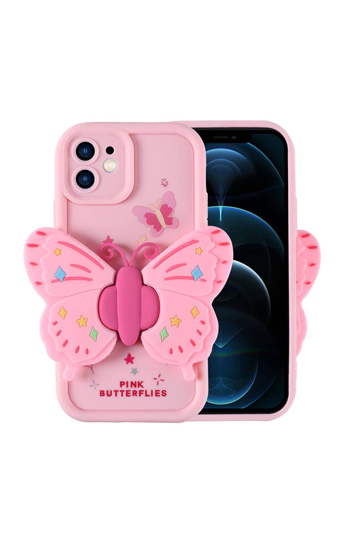 iPhone 12 Kılıf Kamera Korumalı Figür Tasarımlı Zore Kapya Kapak-Pembe Açık