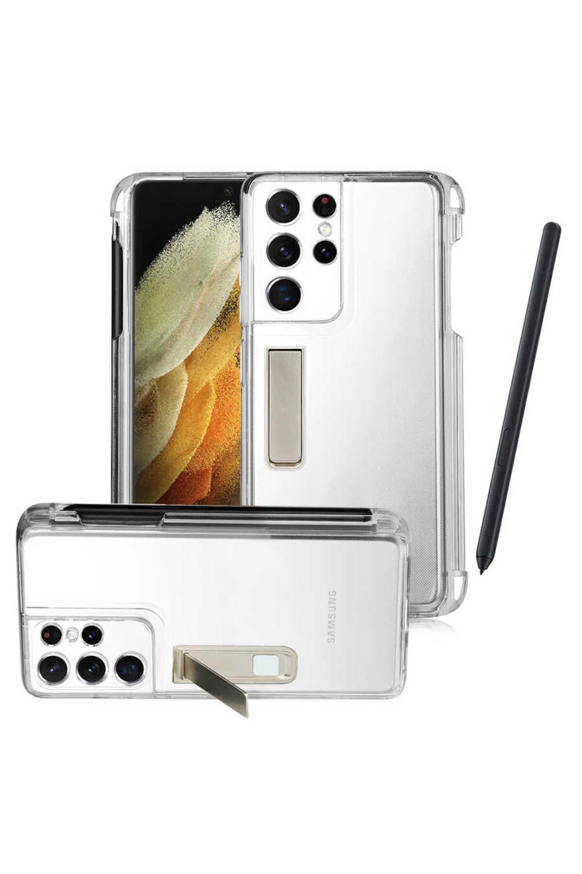 Galaxy S21 Ultra Uyumlu Zore Kalem Bölmeli Standlı Süper Silikon Kılıf-Renksiz
