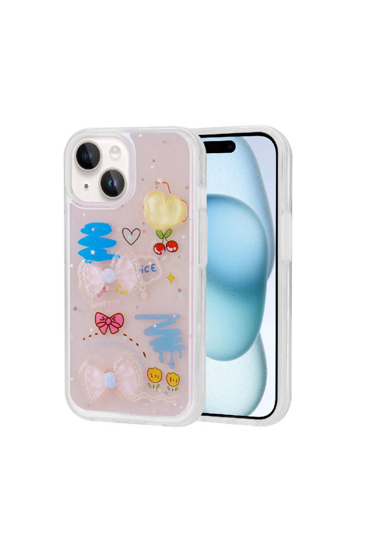 iPhone 15 Uyumlu Kabartma Figürlü Parlak Zore Minimini Silikon Kılıf-Pembe