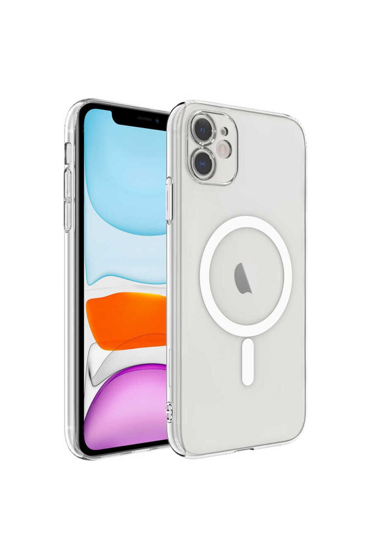 iPhone 11 Uyumlu Kamera Korumalı Magsafe Sert PC Zore Porto Kılıf-Renksiz