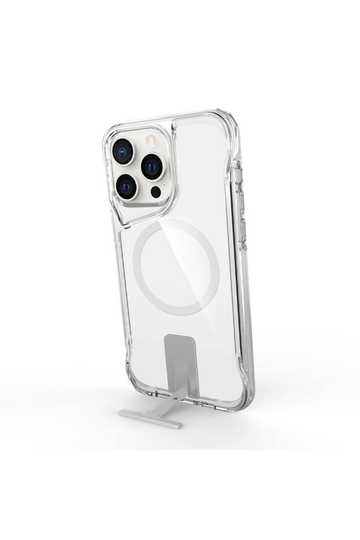 iPhone 15 Pro Uyumlu Magsafe Şarj Özellikli Zore T-Max Standlı Kılıf-Renksiz iPhone 15 Pro Uyumlu Magsafe Şarj Özellikli Zore T-Max Standlı Kılıf-Renksiz