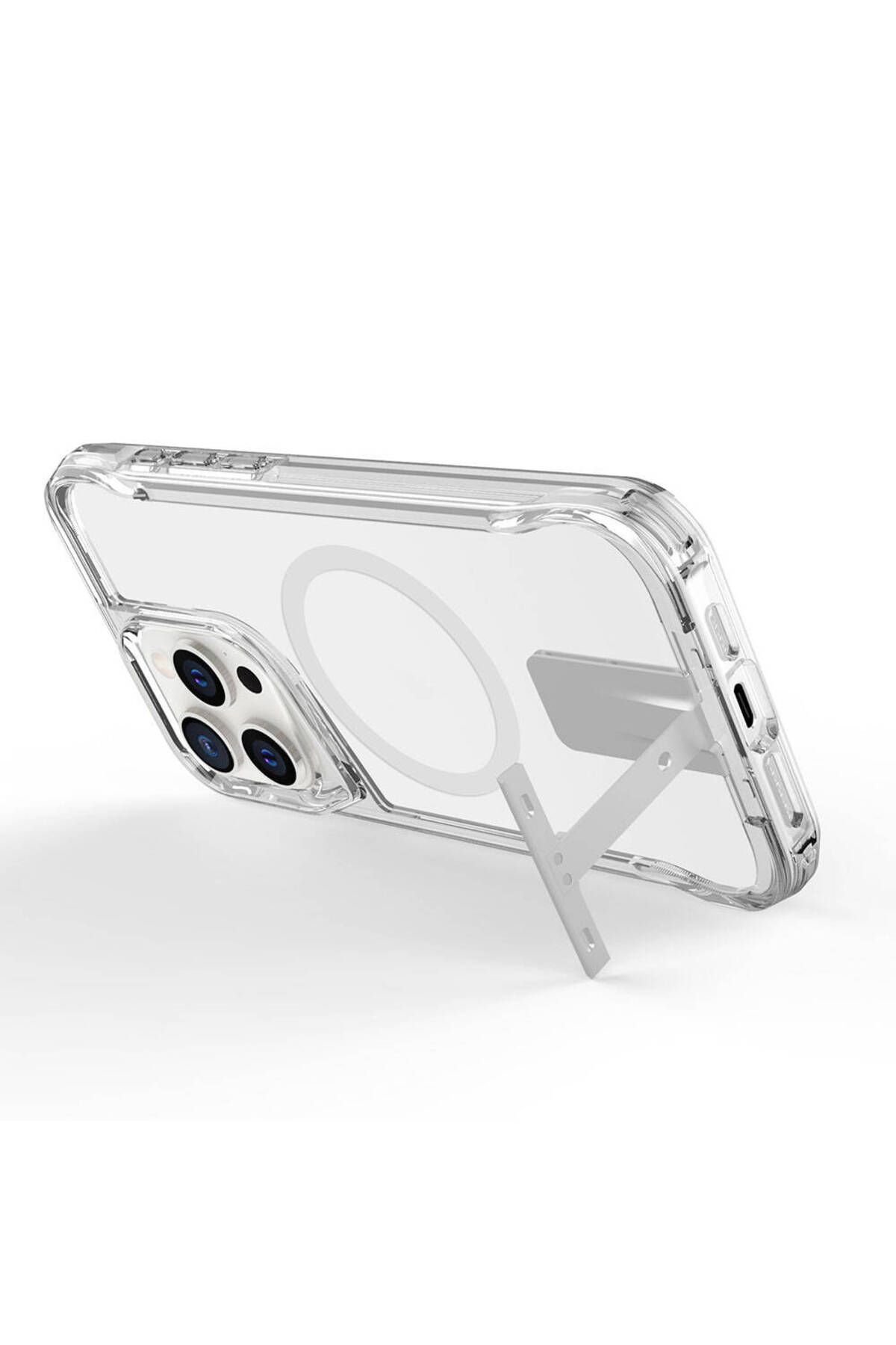iPhone 15 Pro Uyumlu Magsafe Şarj Özellikli Zore T-Max Standlı Kılıf-Renksiz iPhone 15 Pro Uyumlu Magsafe Şarj Özellikli Zore T-Max Standlı Kılıf-Renksiz