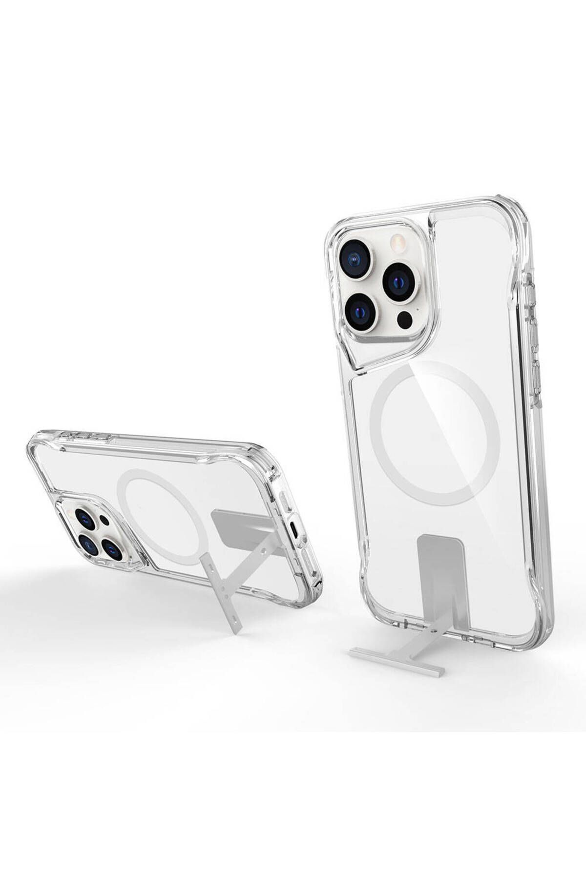 iPhone 15 Pro Uyumlu Magsafe Şarj Özellikli Zore T-Max Standlı Kılıf-Renksiz iPhone 15 Pro Uyumlu Magsafe Şarj Özellikli Zore T-Max Standlı Kılıf-Renksiz