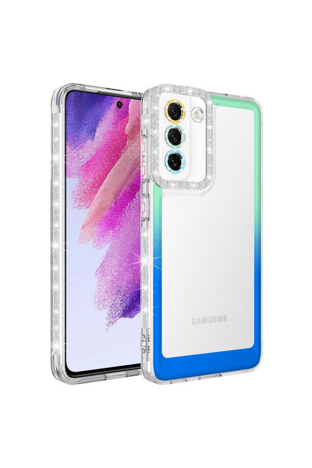 Galaxy S21 FE Uyumlu Simli ve Renk Geçiş Tasarımlı LZore Korumalı Zore Park Kılıf-Yeşil-Mavi