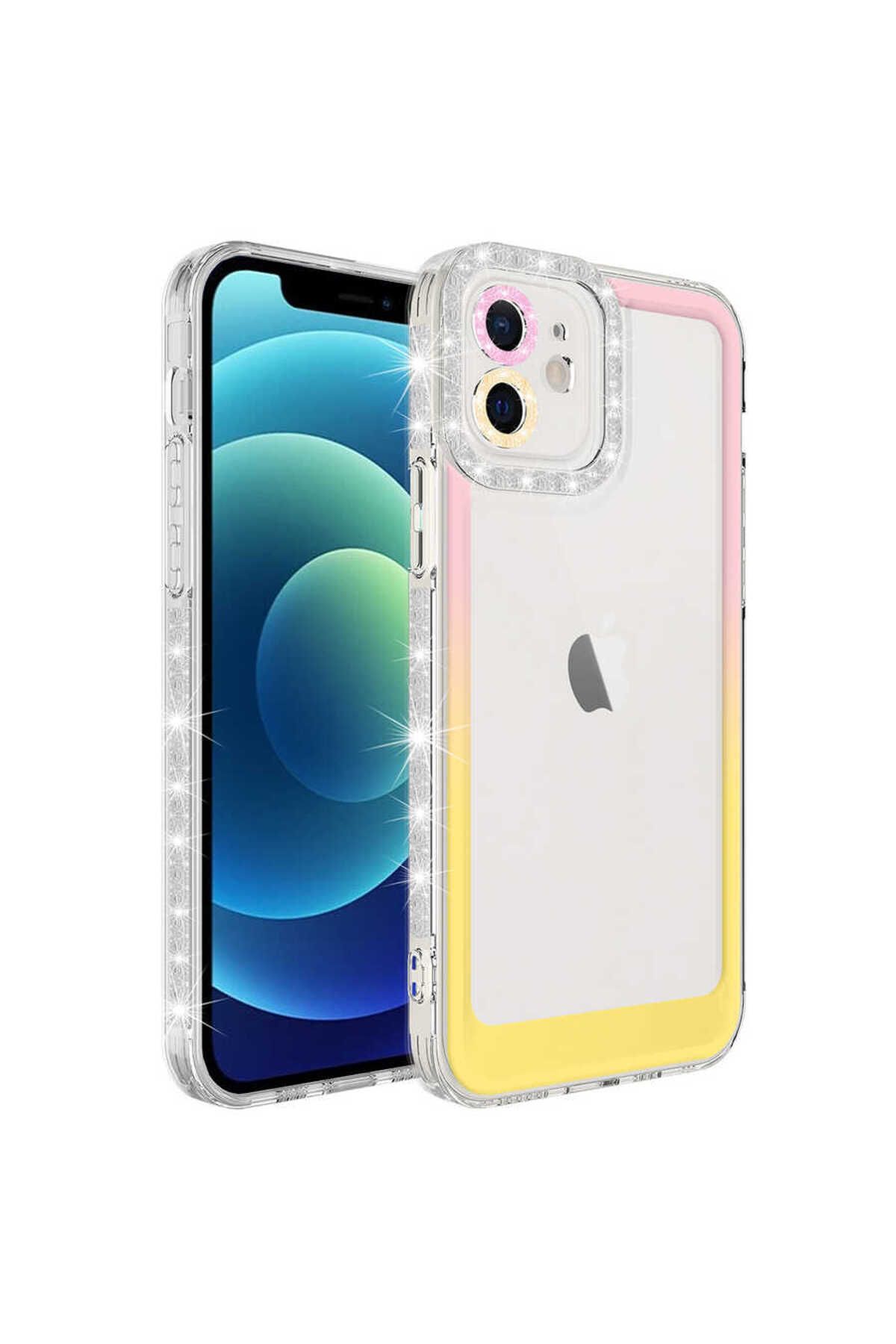 iPhone 11 Uyumlu Simli ve Renk Geçiş Tasarımlı LZore Korumalı Zore Park Kılıf-Pembe-Sarı