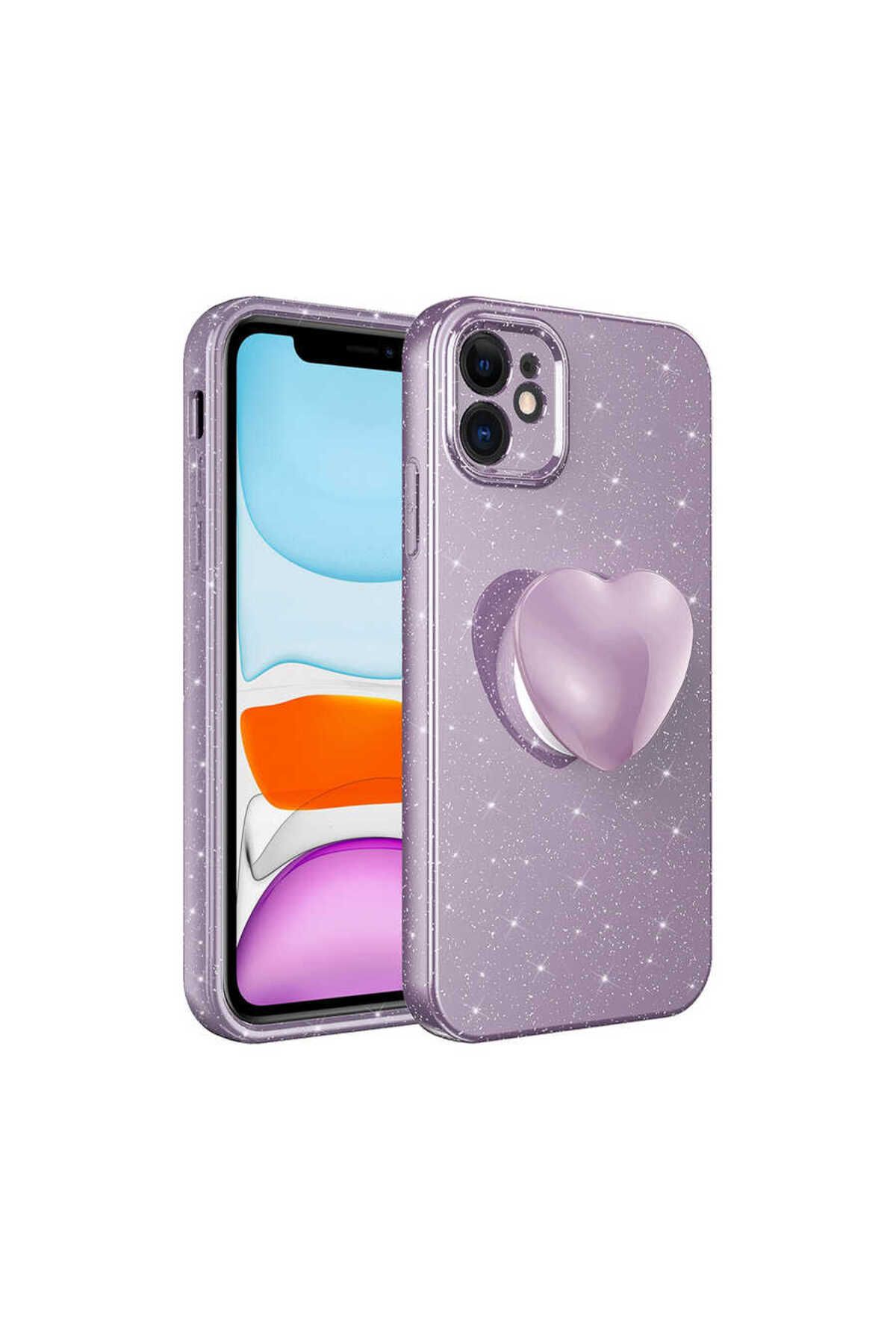 iPhone 11 Uyumlu Kamera Korumalı Simli Pop Soketli Lüks Zore Koton Soketli Kılıf-Mor