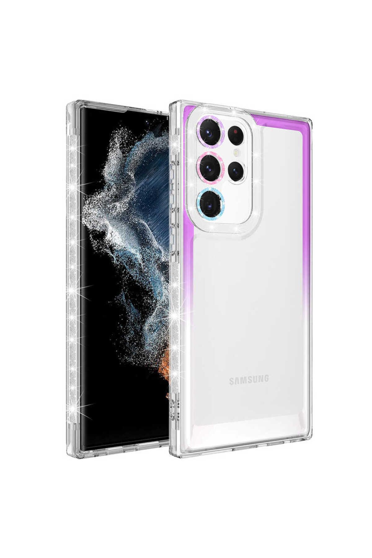Galaxy S22 Ultra Uyumlu Simli ve Renk Geçiş Tasarımlı LZore Korumalı Zore Park Kılıf-Mor-Beya